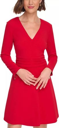 Tommy Hilfiger Pleated V-Neck Zipped-Sleeves Dress In Red