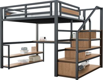 STILVORA Cama Alta 140&times;200 Cm, Doble Con Escalera De Almacenaje, Escritorio Y Estantes, Sin Colch&oacute;n, Negra