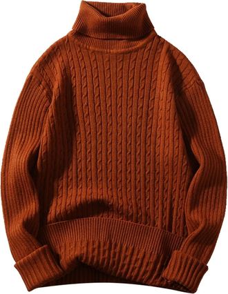 Generic Mens Turtleneck Knitted Jumper Cable Knit Jumpers Thick Knitwear Long Sleeve Roll Neck Knit Sweater Pullovers Fisherman Jumper Autumn Winter Warm Soli