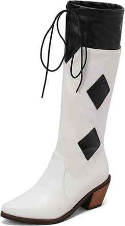 Generic Womens Two-Tone Knee-High Western Cowboy Boots with Lace-Up Top,White,7.5 UK