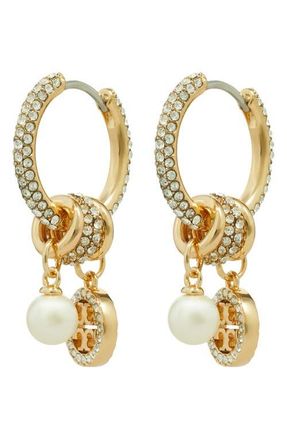 Tory Burch Icon Pav&eacute; Hoop Charm Earrings in Tory Gold /Crystal /Pearl at Nordstrom