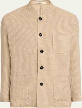 Massimo Alba Mens Linen and Cotton Band-Collar Stripe Jacket