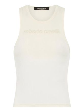 Roberto Cavalli logo-embroidered tank top - women - Elastane/Cotton/Polyester - M - Neutrals