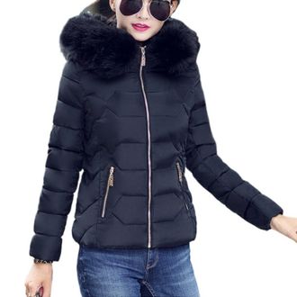 Generic Womens Warm Winter Coat Outerwear Short Winter Full Zip Thicken Puffer Jacket Quilted Parka with Faux Fur Collar, Black, XL