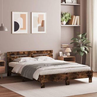 vidaXL Estructura De Cama Cabecero Y Luces Led Roble Ahumado 140x190cm Vidaxl