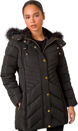 Roman Womens Petite Hooded Longline Quilted Coat - Black - Size 10 UK