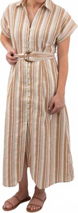 Fate Linen Belted Shirt Maxi Dress In Terracotta Striped