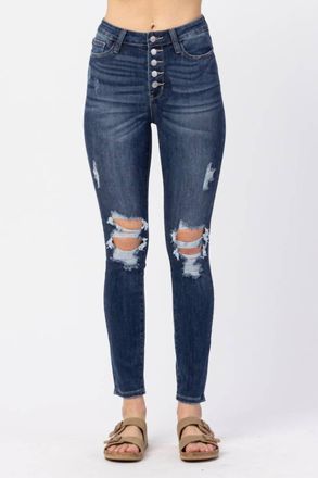 Judy Blue High Rise Button Fly Cuffed Skinny Jeans In Blue