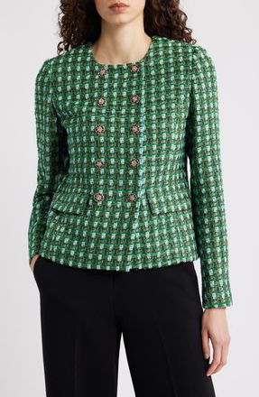 Elie Tahari The Eleni Double Breasted Tweed Blazer in Parrot Green Tweed at Nordstrom, Size X-Small