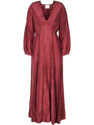 Forte_Forte Burgundy Habotai Silk Midi Dress with Puffed Sleeves