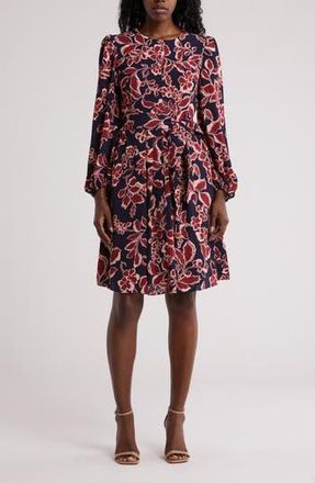 Eliza J Floral Long Sleeve Fit & Flare Dress in Navy Multi at Nordstrom Rack, Size 0