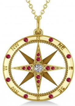 Allurez Compass Pendant For Men Ruby & Diamond Accented 14k Yellow Gold (0.45ct)