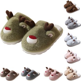 Generic Womens Novelty Christmas Reindeer Slippers Cozy Winter Warm Fuzzy Fluffy Cute Xmas Slipper Lightweight Soft Plush Fur Lined Slip on Mules Slipper Non-