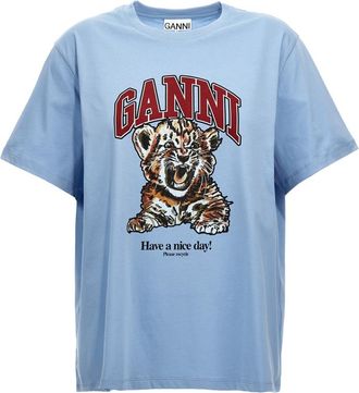 Ganni Sky Blue Tiger Cotton T-shirt