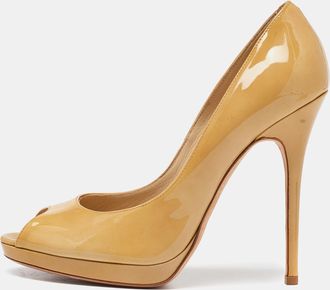 Jimmy Choo London Beige Patent Leather Crown Peep Toe Pumps