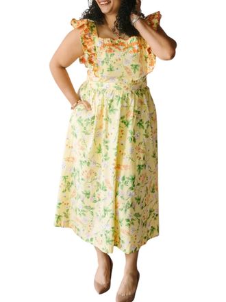 Merci Lemon Ruffled Floral Midi Dress In Yellow