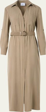 Akris Long-Sleeve Belted Viscose Twill Midi Shirtdress