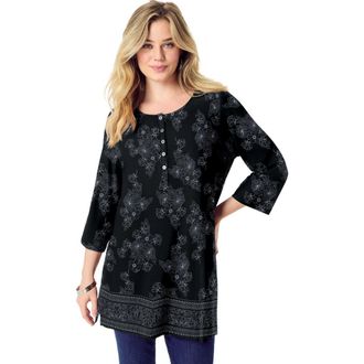 Roaman's Henley Ultra Drape Tunic in Black Bouquet Border at Nordstrom, Size 16