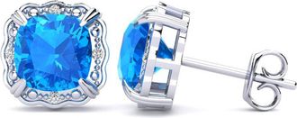 SuperJeweler 2 Carat Cushion Cut Gemstone and Diamond Earrings In Sterling Silver