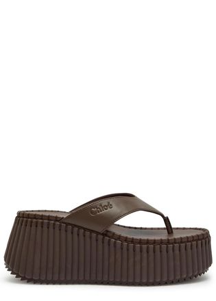 Chlo&eacute; Nama 80 Leather Wedge Thong Sandals - Brown - 38 (IT38/ UK5)