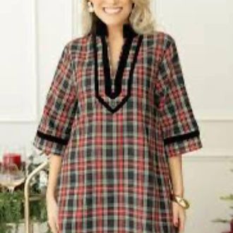 Entro Plaid Tunic Velvet Trim Dress - Plus In Black