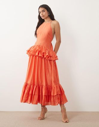 Asos Vestito lungo a doppio strato color corallo con volant-Arancione