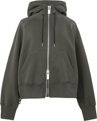 sacai Cropped Boxy Hooded Sweatshirt with Front Zipper and Ribbed Detail
