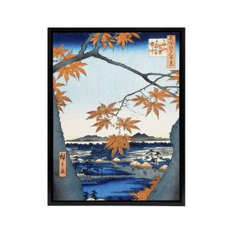 Artery8 Maple Trees Japan Shrine Bridge Framed Canvas Wall Art Print Hiroshige in Orange | Size: W24 x H32