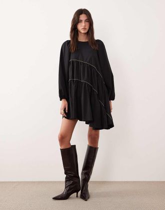 Ghospell Angela - Vestito corto nero in misto cotone con perline e orlo asimmetrico