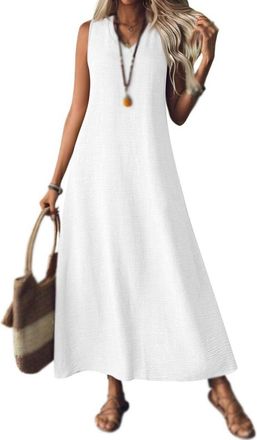 Generic Linen Dresses for Women 2025 V Neck Sleeveless Maxi Dress, Casual Summer Modest Long Flowy Beach Vacation Sun Dresses (White,XXL)