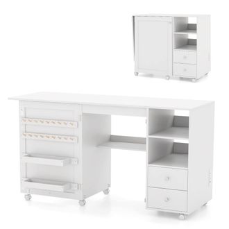 Costway Costway Folding Sewing Table w/Charging Station Sewing Machine Cart Table-White in White