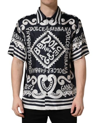 Dolce & Gabbana Black White Marina Print Silk Hawaii Mens Shirt (Pre-Owned)