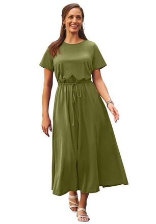 Jessica London Stretch Cotton Drawstring Maxi Dress in Moss Green at Nordstrom, Size Medium