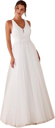 Ever-pretty Womens Deep V-Neck Sleeveless Applique A-Line Tulle Bridesmaid Dresses White 12UK