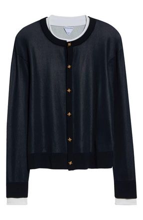 Bottega Veneta Double Layer Silk Cardigan in 4073 Midnight Blue/Chalk at Nordstrom, Size Medium