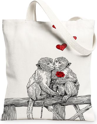 Generic Cute Monkeys Canvas Tote Bags, Artistic Animal Print Reusable Bags, Vintage Love Design Lightweight Washable Canvas for Tra, White, 13x15 Inch