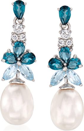 Ross-Simons 8.5-9mm Cultured Pearl and London, Sky Blue and White Topaz Drop Earrings in Sterling Silver
