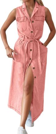 Generic Womens Summer Casual Sleeveless Denim Shirt Dress Lapel Button Down Belted Jean Long Dresses with Slit