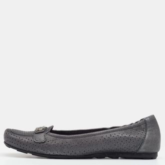 Stuart Weitzman Metallic Grey Perforated Leather Crystal Embellished Slip On Loafers