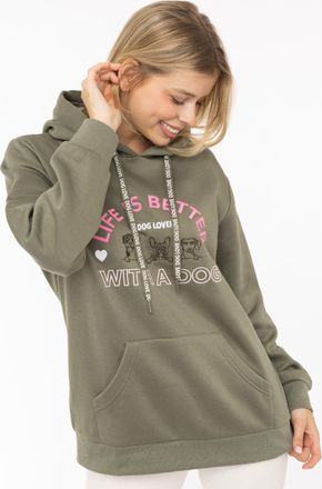 Zwillingsherz Hoodie ZWILLINGSHERZ Dog Life, Damen, Gr. L/XL, khaki, Sweatware, Obermaterial: 80% Polyester, 20% Baumwolle, Sweatshirts Hoodie, Mini-Me,mit gestickt