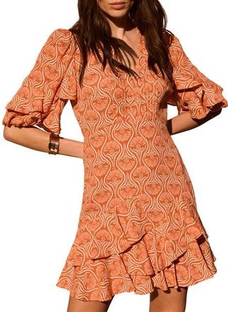 Mint Velvet Printed Ruffle V-neck Mini Dress in Orange at Nordstrom, Size 10
