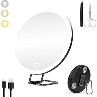 OEM Miroir Grossissant - Agrandissement 10x - Iluminaci&oacute;n Led Ajustable 3 Colores - Soporte Ajustable Y Ventosas - Di&aacute;metro 15 Cm - Negro