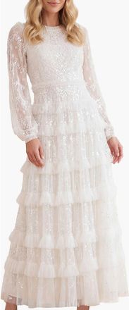 Needle & Thread Blossom Long Sleeve Lace Ankle Gown in Swan White at Nordstrom, Size 12