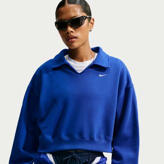 Nike Womens Studio Fleece Medium Weight Oversized Cropped Polo in Blue | IM8094-417