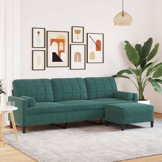vidaXL Vidaxl - Sof&aacute; De 3 Plazas Con Taburete De Terciopelo Verde Oscuro 210 Cm