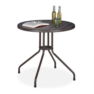 Relaxdays Relaxdays - Mesa Jard&iacute;n, Efecto Madera, Mesita Exterior Redonda, Pl&aacute;stico/metal, Mueble Balc&oacute;n Resistente, 75x80cm, Marr&oacute;n