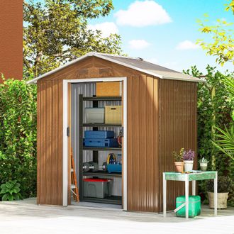 OUTSUNNY 6.5x3.5ft Metal Garden Shed for Garden, Brown Wood Effect