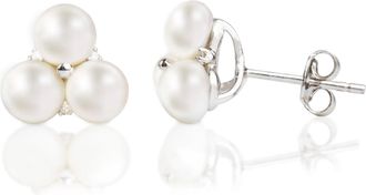 MAX + STONE 925 Sterling Silver Freshwater Pearl Trio Stud Earrings With Diamond Accent