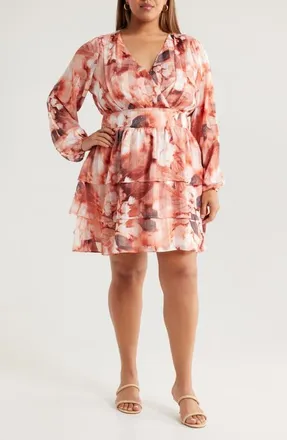 Socialite Floral Clip Dot Long Sleeve Minidress in Grey/Peach at Nordstrom, Size 1 X