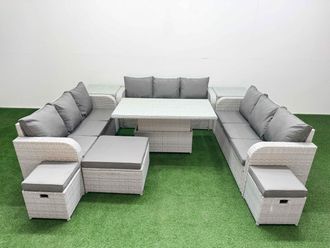 Fimous PE Rattan Lounge Sofa Set 12 Seater Outdoor Garden Furniture Set w/ Adjustable Lifting Dining or Coffee Table 3 Seater Sofa 3 Stools 2 Side
